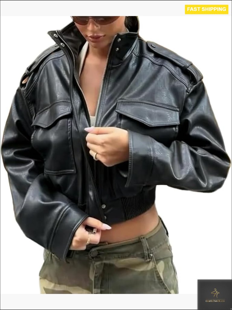 Cropped Faux Leather Jacket Stand Collar Zip Up Trendy Y2k Motorcycle